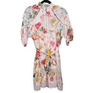Ciebon Women's Size S High Neck Belted Mini Dress Cream Pink Summer Floral Lace